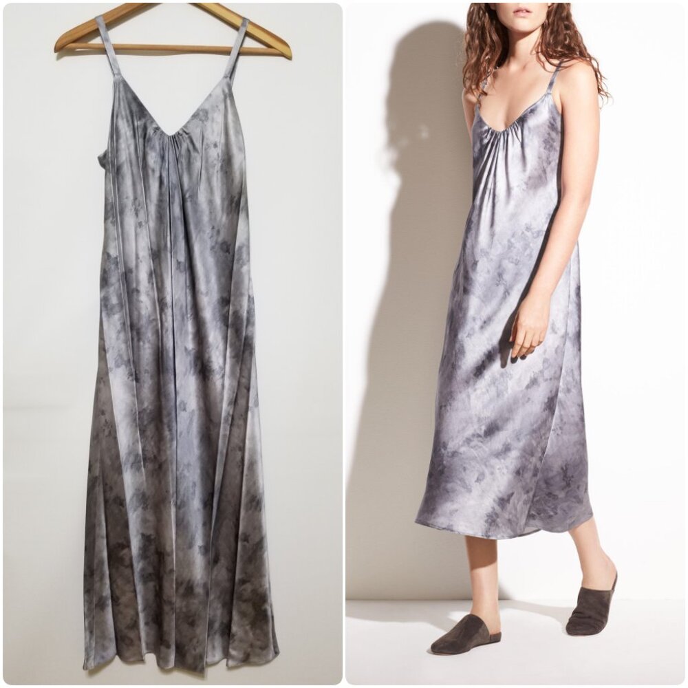NWT Vince Watercolor Marble Silk-Satin Cami Slip Midi Dress Grey Size M $395